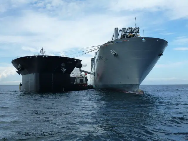 With the initial mooring evolution complete, preparations are made to raise the Vehicle Transfer Ramp (VTR) of Montford Point (L) to connect with the platform of Bob Hope (R).