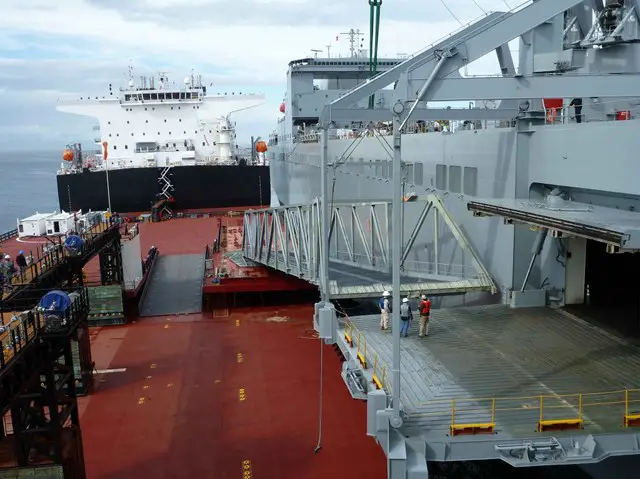 The VTR of Montford Point is raised and fitted to the ramp of Bob Hope to allow for the transfer of vehicles between the two ships.