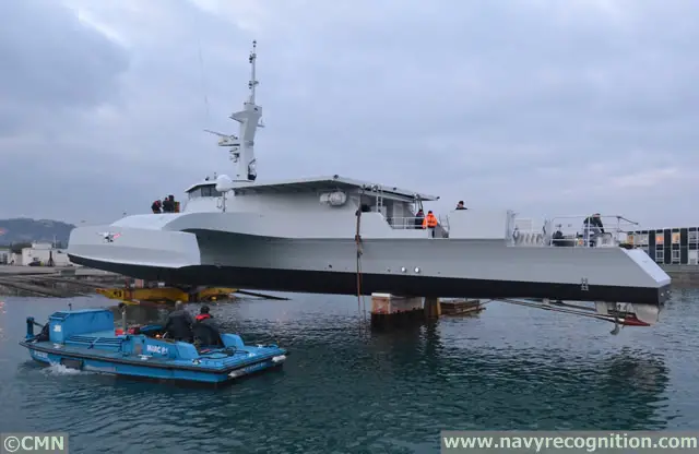 The first OCEAN EAGLE 43 Trimanran Patrol Vessel for the Navy of Mozambique has just been launched in the water at the CMN Shipyard in Cherbourg (Normandie) France.