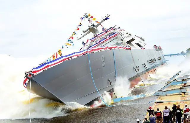 The Lockheed Martin-led industry team launched the nation's ninth littoral combat ship (LCS), Little Rock, into the Menominee River at the Marinette Marine Corporation (MMC) shipyard on July 18. The ship’s sponsor, Mrs. Janee Bonner, christened Little Rock (LCS 9) with the traditional smashing of a champagne bottle across the ship's bow just prior to the launch.