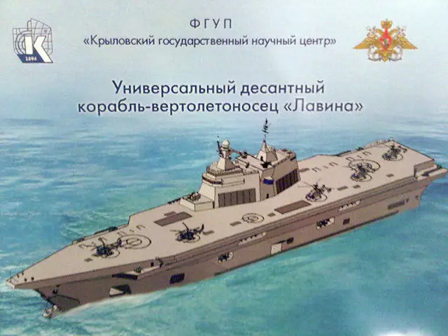 During the ARMY-2015 defense exhibiton, it was made public that this new project was called "Avalanche": Krylov State Research Center developed the Avalanche project of amphibious assault ship as a replacement for the cancelation for the Mistral class deal with France. 