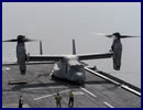 A U.S. Marine Corps MV-22B Osprey tiltrotor aircraft made its first ever landing on the flight deck of a Republic of Korea Navy amphibious assault ship off the coast of the Korean peninsula, March 26, 2015. The Osprey departed from the USS Bonhomme Richard (LHD 6) nearby and landed on the ROK ship Dokdo (LPH-6111).