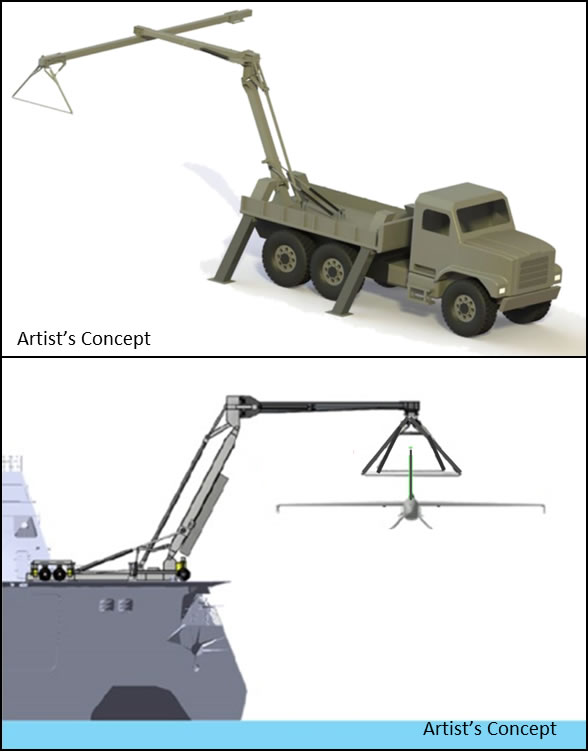 DARPA’s SideArm effort seeks to create a self-contained, portable apparatus able to horizontally launch and retrieve UAS of up to 900 pounds from trucks, ships and fixed ground facilities. DARPA developed SideArm as part of Tern, a joint program between DARPA and the U.S. Navy’s Office of Naval Research that seeks to enable forward-deployed small ships to serve as mobile launch and recovery sites for medium-altitude, long-endurance unmanned aerial systems.