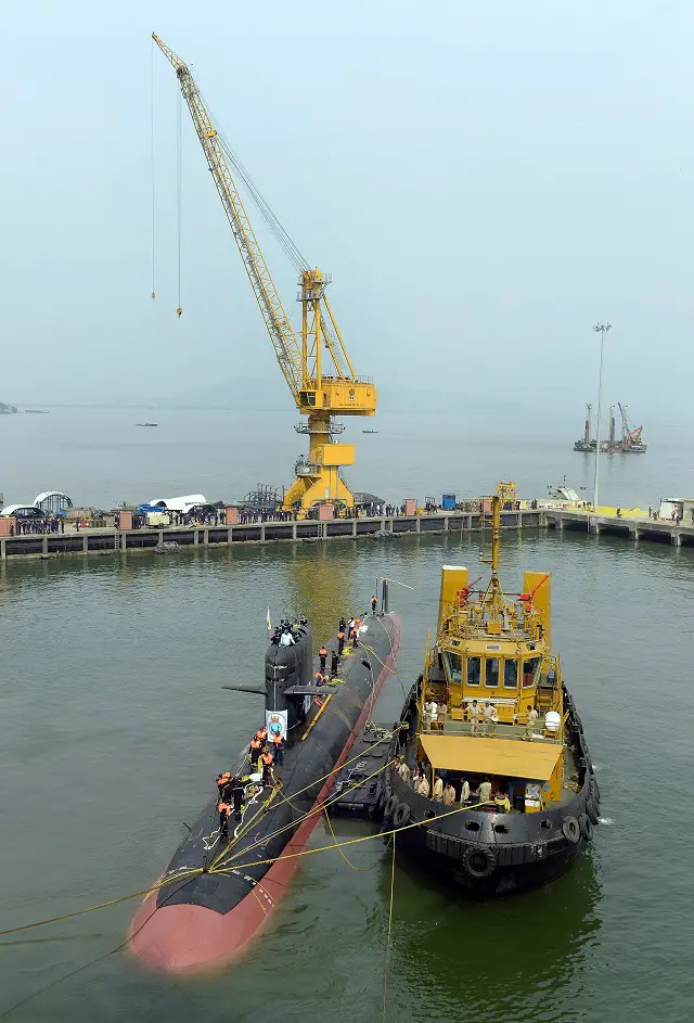 DCNS released high definition pictures of Klavari, the Scorpene class diesel-electric submarine (SSK) for the Indian Navy. Built by Indian shipyard Mazagon Dock Shipbuilders Limited, was launched in the water on 28th October 2015 in Mumbai.