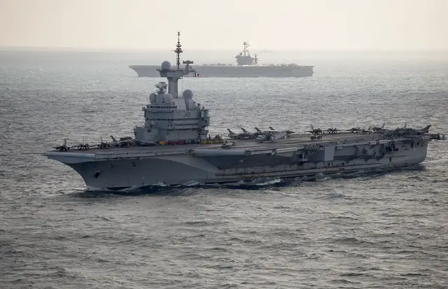 USS Harry S Truman and Charles de Gaulle aircraft carriers underway side by side as part of Dual Carrier Operations in the Arabian/Persian Gulf in February 2016. French Navy picture.