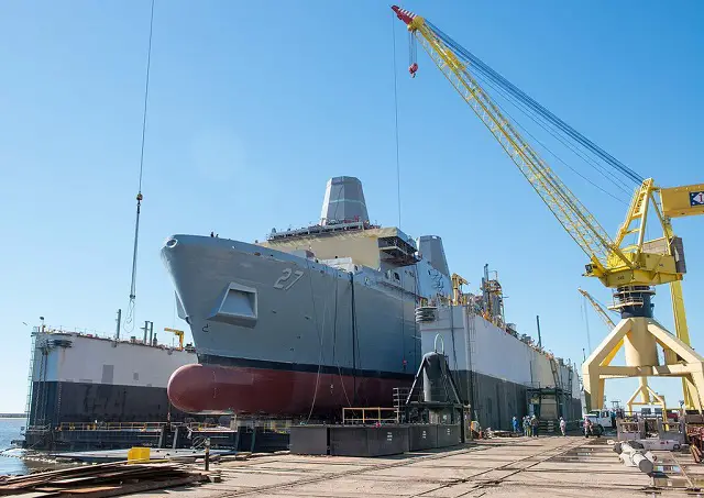 The future USS Portland (LPD 27) was successfully launched at the Huntington Ingalls Industries (HII) shipyard Feb. 13. The ship was transferred from the land level facility to the drydock, which was then flooded allowing her to float off the blocks.