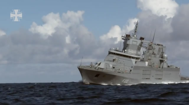 The German Navy (Deutsche Marine) released a nice video showing the first F125 frigate conducting sea trials off the coast of Denmark. Viewers can see the “Baden-Württemberg” being put through several maneuvers (high speed turns, man-overboard maneuver) to verify the control of the ship. The crew consisting of German Navy sailors and civilian engineers are also testing systems onboard such as the TRS-4D radar system.