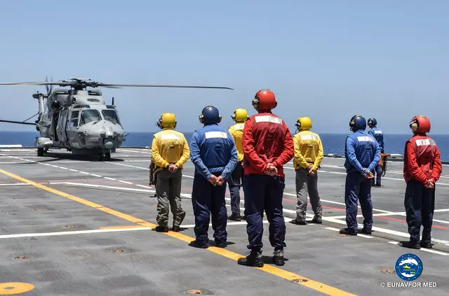 One NH90 NFH and one AB-212NLA helicopters of the Italian Navy have embarked on Board ITS GARIBALDI , operation SOPHIA’s Flagship, to increase EUNAVFOR MED air capabilities after the departure of other air assets on board. The two newly embarked helicopters enhance ship’s capability to conduct Intelligence, Surveillance and Recognition mission in the area of operations.