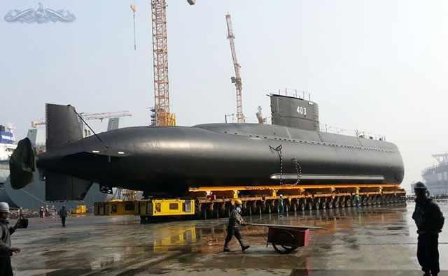 Pictures have emerged showing Indonesian Navy's (TNI AL) first Type 209/1200 Chang Bogo Class diesel electric submarine (SSK) derivative out of the construction hall at DSME (Daewoo Shipbuilding & Marine Engineering Co., Ltd) shipyard in South Korea.