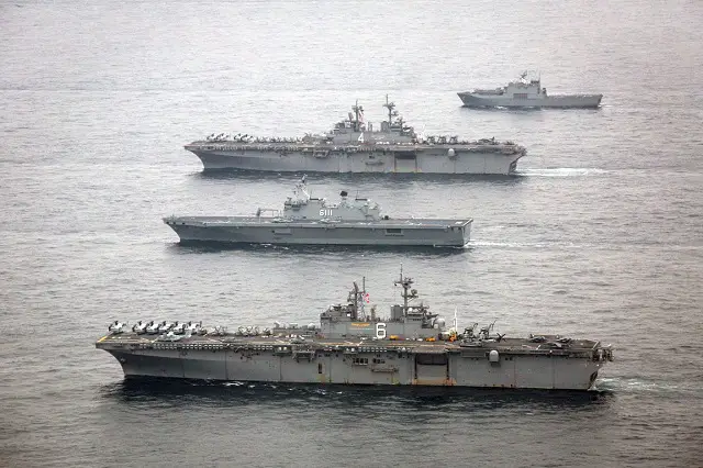 EAST SEA (March 8, 2016) U.S. ships from the Boxer and Bonhomme Richard Amphibious Ready Groups are underway with the Dokdo Amphibious Ready Group from the Republic of Korea during Ssang Yong 2016. The U.S. Navy and Marine Corps team are committed to the ROK-U.S. Alliance and conduct exercises regularly to ensure interoperability and maintain strong working relationships to support the sovereignty of the Republic of Korea. Ssang Yong familiarizes American armed forces with the Korean peninsula and builds upon the strong preexisting relationship between the two militaries. (U.S. Marine Corps photo by Cpl. Darien J. Bjorndal/ Released)