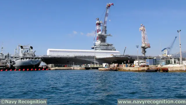Aircraft Carrier Charles de Gaulle during its mid-life refit in the Vauban dry dock at Toulon naval base. 