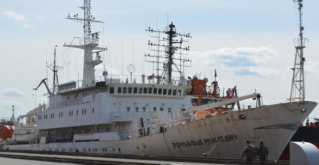 Dockside repairs of Russian Navy Project 865 Romuald Muklevich survey vessel completed