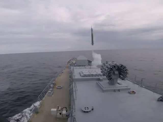 Frigate Admiral Makarov hits cruise missile drones with Shtil SAM system in the Baltic Sea