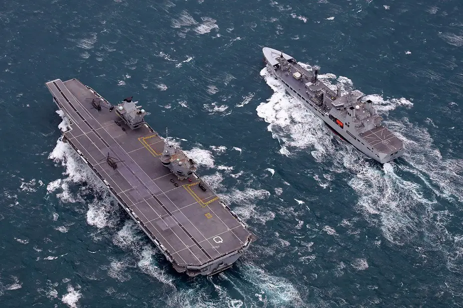 HMS Queen Elizabeth and RFA Tidespring meet up at sea 1st time