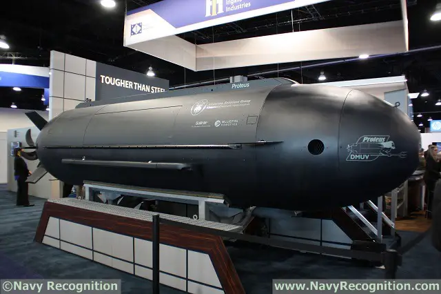 The Proteus on HII Booth at Sea Air Space 2015. Proteus is capable of operating as either a fully autonomous UUV, or as a wet manned submarine utilizing six diver’s air stations to accommodate a team of operators. Proteus can also be fitted with an optional air module in the center cargo space, capable of supporting all six divers for a period exceeding 10 hours.