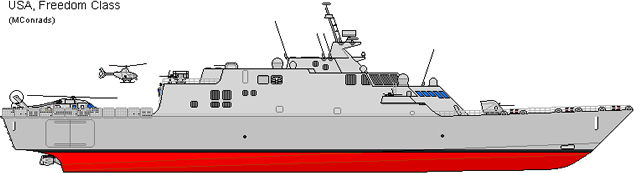 The Freedom class of littoral combat ships (LCS) is Lockheed Martin's design proposal to the US Navy's requirement for the LCS class ships. The LCS concept emphasizes speed and modularity thanks to its flexible mission module spaces. According to US Navy, the LCS is "envisioned to be a networked, agile, stealthy surface combatant capable of defeating anti-access and asymmetric threats in the littorals."