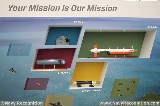 Northrop Grumman's capability in unmanned mine detection, classification and identification is highlighted at the show. The AQS-24B high-speed synthetic aperture sonar based mine-hunting system is towed from unmanned surface vessels as well as the MH-53E and MCH-101 helicopters. The AQS-24B and its predecessor systems, AQS-24A and the AQS-14, are the only operational high speed mine-hunting search systems used by the U.S. Navy for the past 31 years. The Airborne Laser Mine Detection System is a laser-based, light detection and ranging sensor system that detects, classifies and localizes near-surface mine-like objects from above the waterline and is complementary to the AQS-24B.