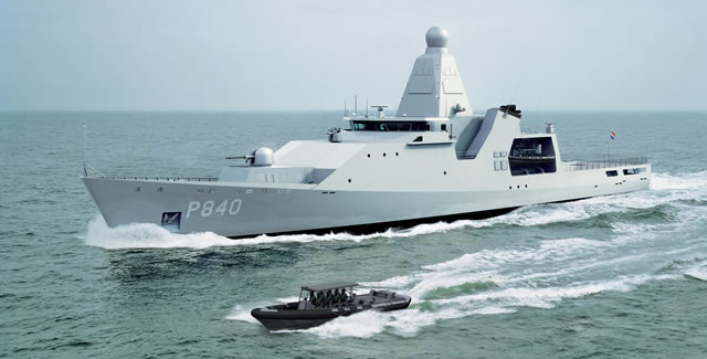 Designed and built by Damen Schelde Naval Shipbuilding for the Royal Netherlands Navy, the Ocean-going Patrol Vessels (or Offshore Patrol Vessel - OPV) are flexible in their deployment and equipped for the surveillance of coastal waters. The ships are able to monitor a wide area (in excess of 100 nautical miles) using a Thales Integrated Sensor and Communication Systems (ISCS) or "IMAST 400".